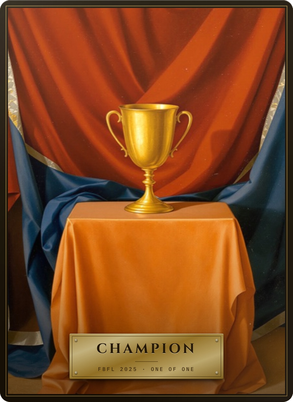 The champion card, 2025: a photograph, filed. Paid My Dues · 2025 Champion · Paid My Dues · Marcus · 8-6 · 4th seed. One of one.