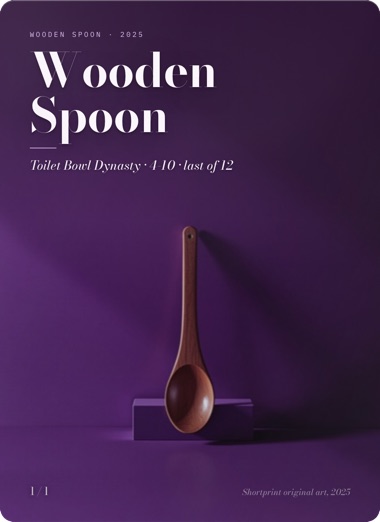 The wooden spoon card, 2025: a photograph, filed. Toilet Bowl Dynasty · Wooden Spoon · 2025 · Toilet Bowl Dynasty · 4-10 · last of 12. One of one.
